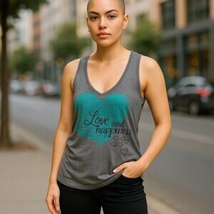 ROXY Gray Pinstripe Teal Love & Happiness Graphic Tank Top ~ Women's Size LARGE